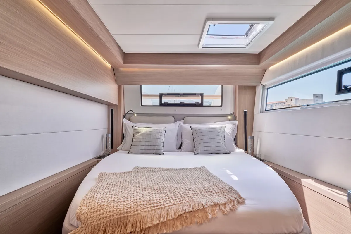 Cabin on Mythos, a Lagoon 51 catamaran at Lavreotiki, Greece