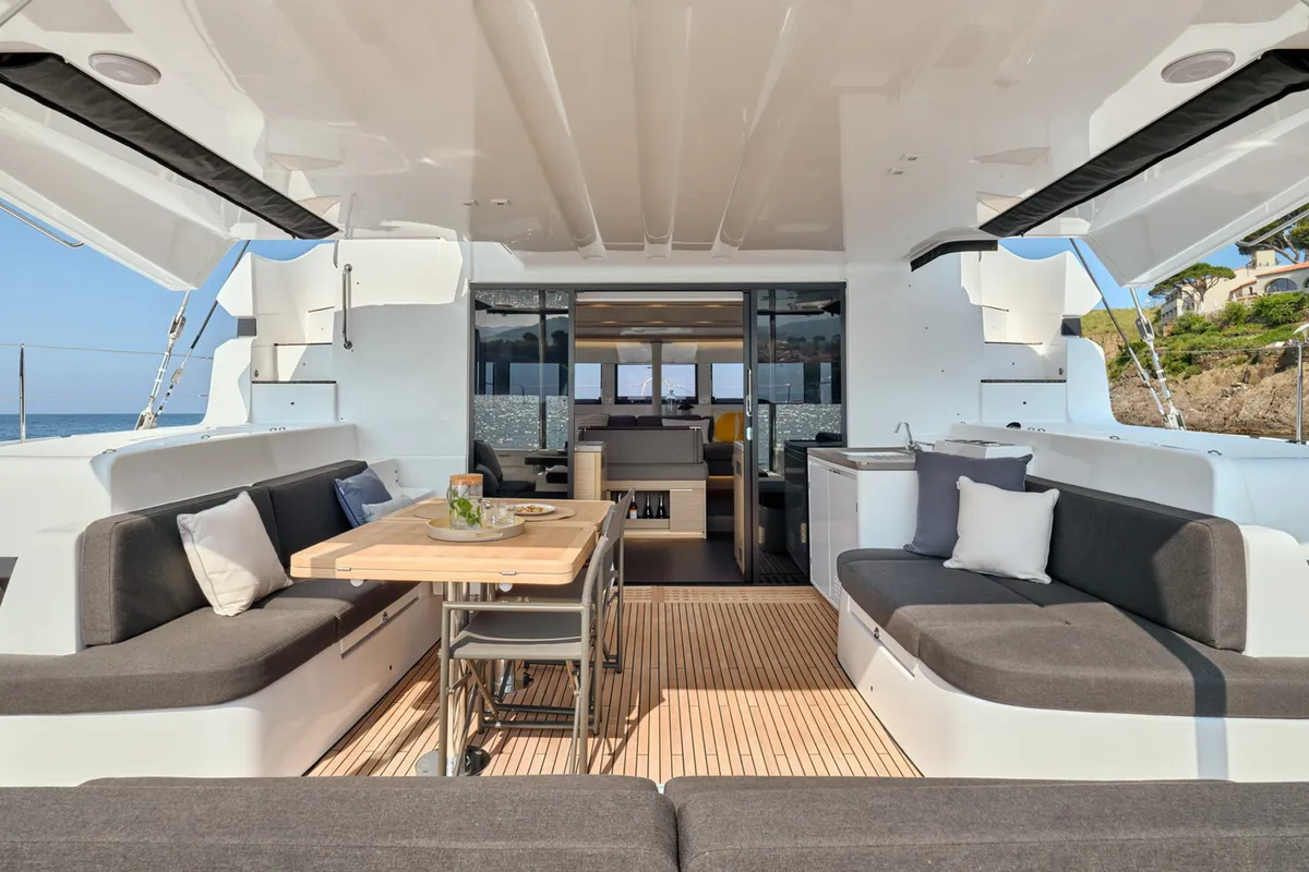 Deck of Mythos, a Lagoon 51 catamaran at Lavreotiki, Greece