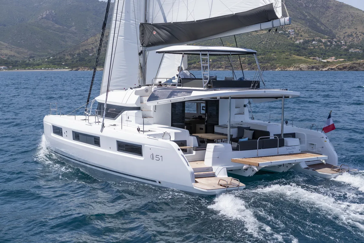 Exterior view of Mythos, a Lagoon 51 catamaran at Lavreotiki, Greece