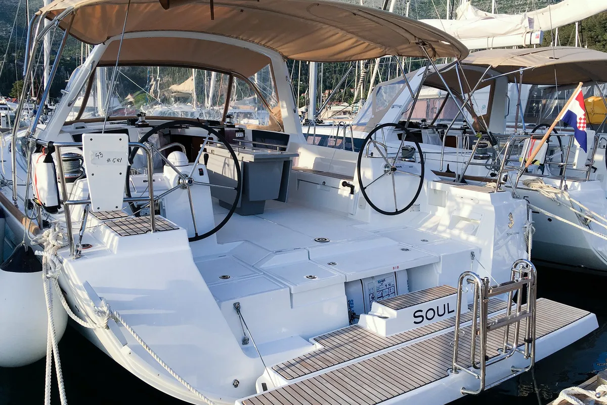 Cockpit of Soul, a Beneteau Oceanis 45 sailboat at Tivat, Montenegro