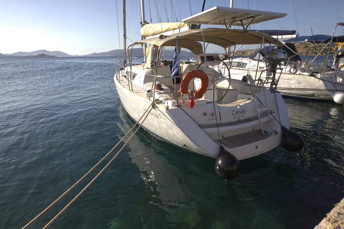 Exterior view of Candy, a Jeanneau Sun Odyssey 36i sailboat at Municipal Unit of Megara, Greece
