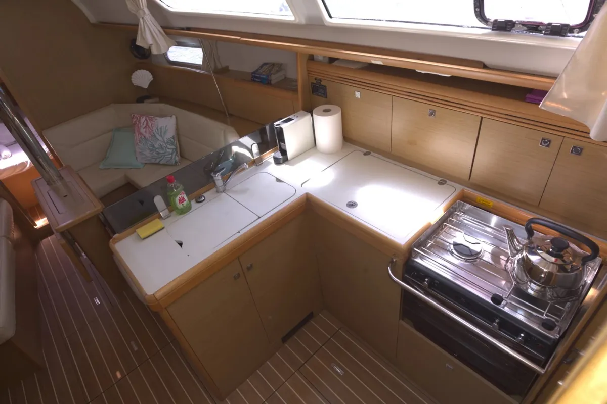 Galley of Candy, a Jeanneau Sun Odyssey 36i sailboat at Municipal Unit of Megara, Greece