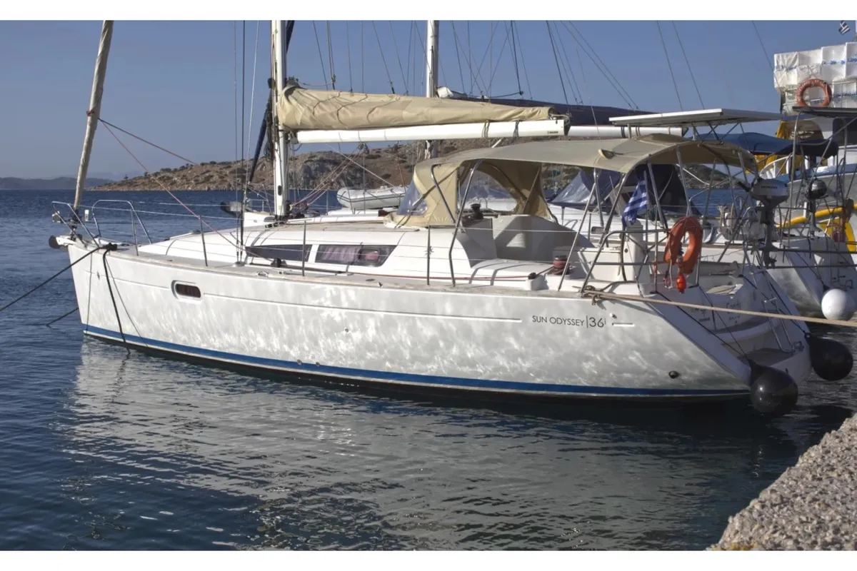Exterior view of Candy, a Jeanneau Sun Odyssey 36i sailboat at Municipal Unit of Megara, Greece
