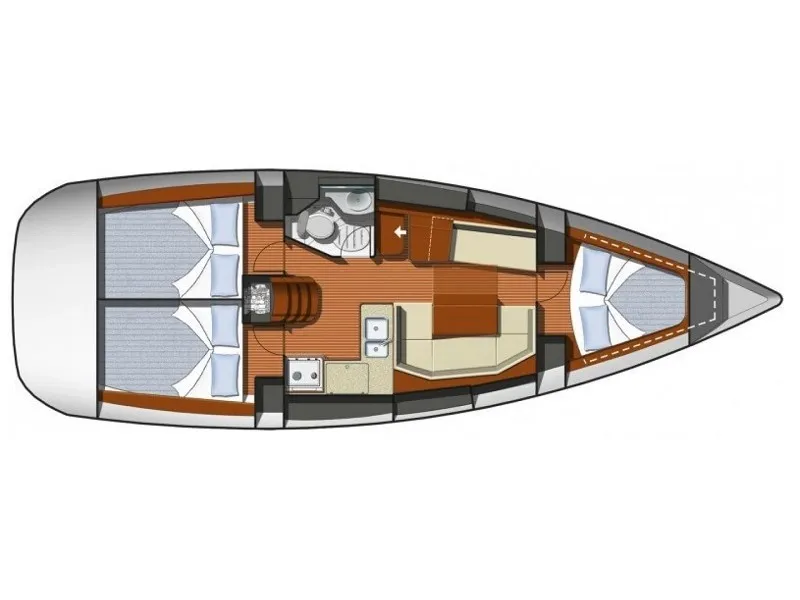 Cabin on Candy, a Jeanneau Sun Odyssey 36i sailboat at Municipal Unit of Megara, Greece