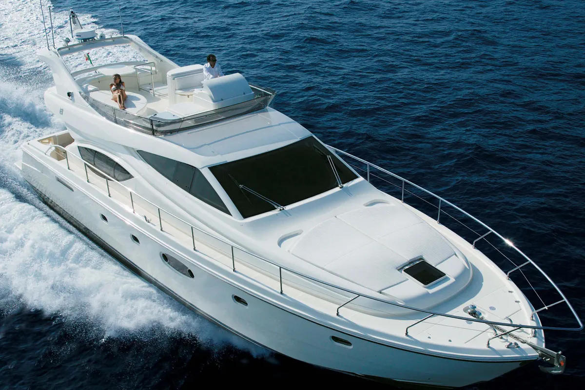 Exterior view of The Boat, a Ferretti 550 motor yacht at Panaji, India