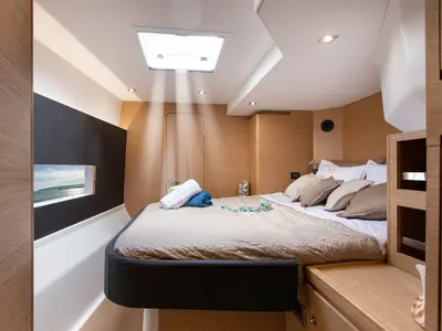 Cabin on Diva, a Dufour 48 Catamaran catamaran at Athens, Greece