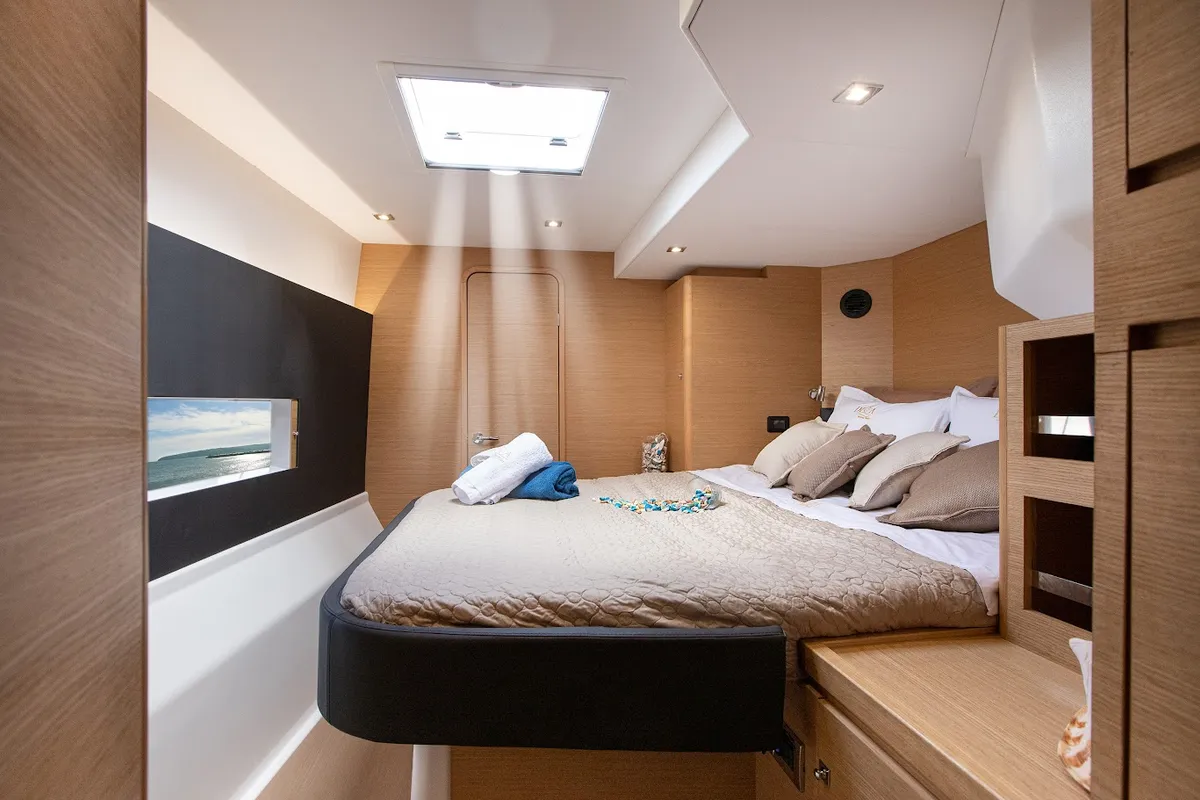 Cabin on Diva, a Dufour 48 Catamaran catamaran at Athens, Greece