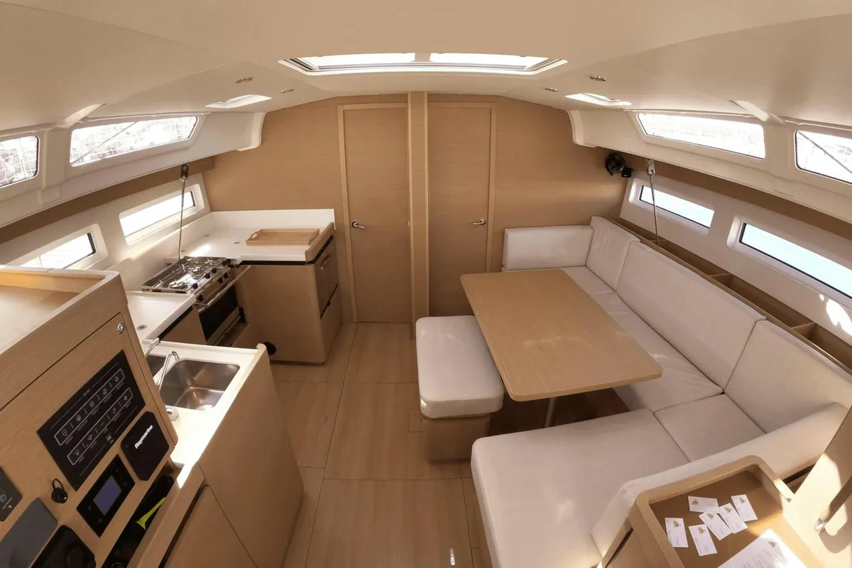 Salon of Melusina, a Jeanneau Sun Odyssey 490 sailboat at Olbia, Italy
