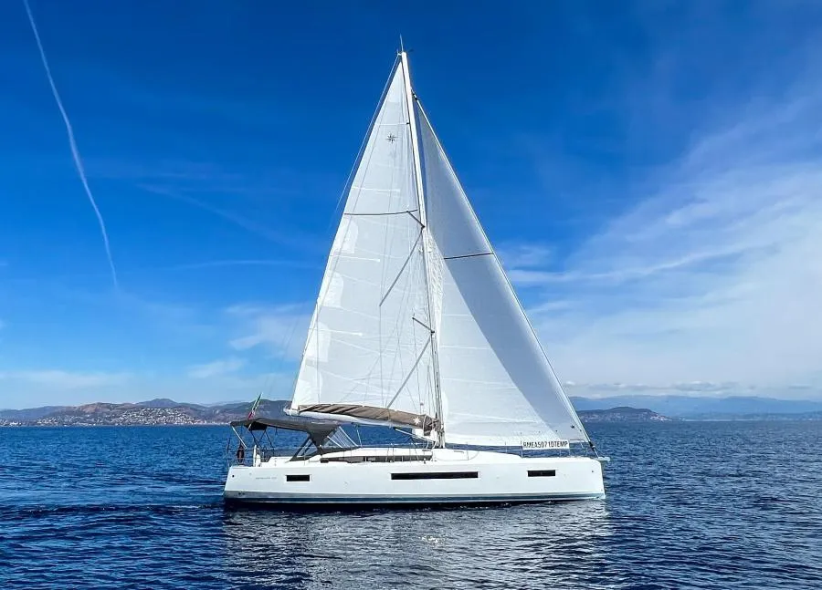 Exterior view of Melusina, a Jeanneau Sun Odyssey 490 sailboat at Olbia, Italy