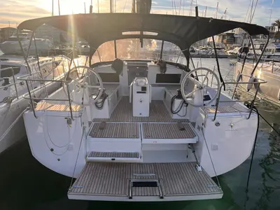 Cockpit of Melusina, a Jeanneau Sun Odyssey 490 sailboat at Olbia, Italy
