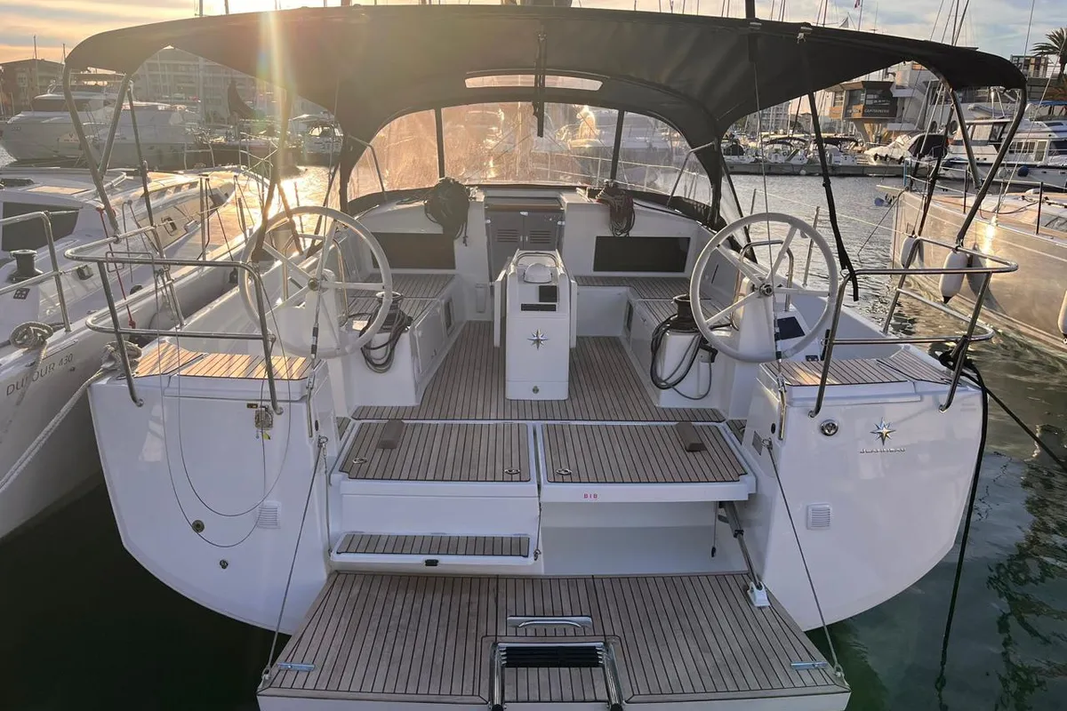 Cockpit of Melusina, a Jeanneau Sun Odyssey 490 sailboat at Olbia, Italy
