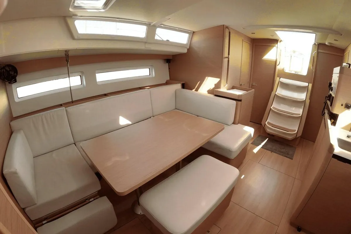 Salon of Melusina, a Jeanneau Sun Odyssey 490 sailboat at Olbia, Italy
