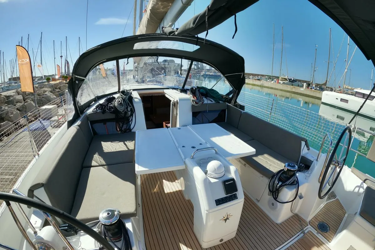 Cockpit of Melusina, a Jeanneau Sun Odyssey 490 sailboat at Olbia, Italy
