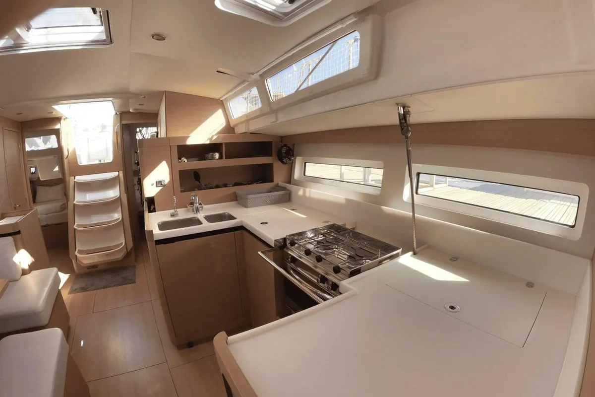 Galley of Melusina, a Jeanneau Sun Odyssey 490 sailboat at Olbia, Italy