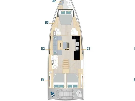 Floor plan of Zagal, a Hanse 510 sailboat at Ibiza, Spain