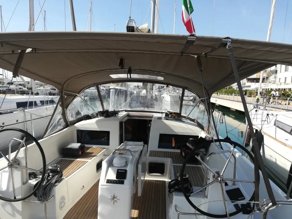 Cockpit of Frenetica, a Jeanneau Sun Odyssey 440 sailboat at San Vincenzo, Italy