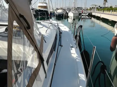 Deck of Frenetica, a Jeanneau Sun Odyssey 440 sailboat at San Vincenzo, Italy