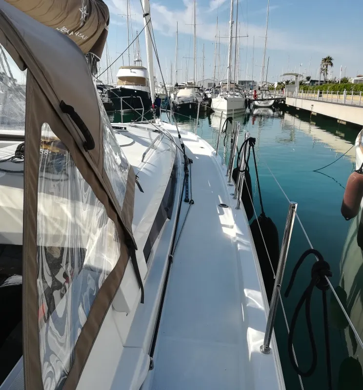 Deck of Frenetica, a Jeanneau Sun Odyssey 440 sailboat at San Vincenzo, Italy