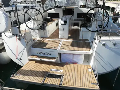 Cockpit of Frenetica, a Jeanneau Sun Odyssey 440 sailboat at San Vincenzo, Italy