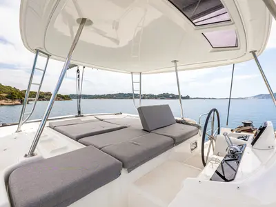 Cockpit of M&M, a Lagoon 46 catamaran at Kranidi, Greece