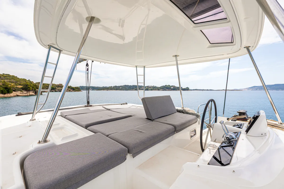 Cockpit of M&M, a Lagoon 46 catamaran at Kranidi, Greece