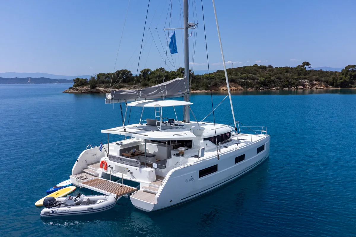 Exterior view of M&M, a Lagoon 46 catamaran at Kranidi, Greece