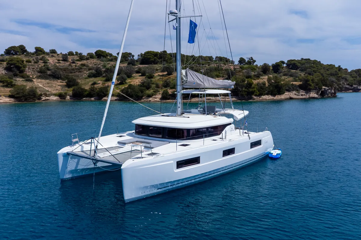Exterior view of M&M, a Lagoon 46 catamaran at Kranidi, Greece