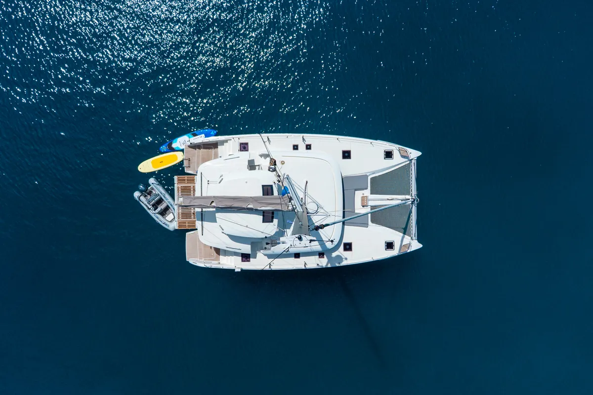 Exterior view of M&M, a Lagoon 46 catamaran at Kranidi, Greece