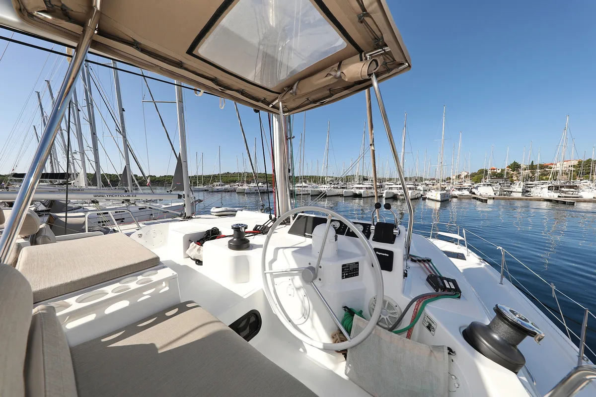 Cockpit of 4 Friends, a Bali Catspace catamaran at Grad Trogir, Croatia