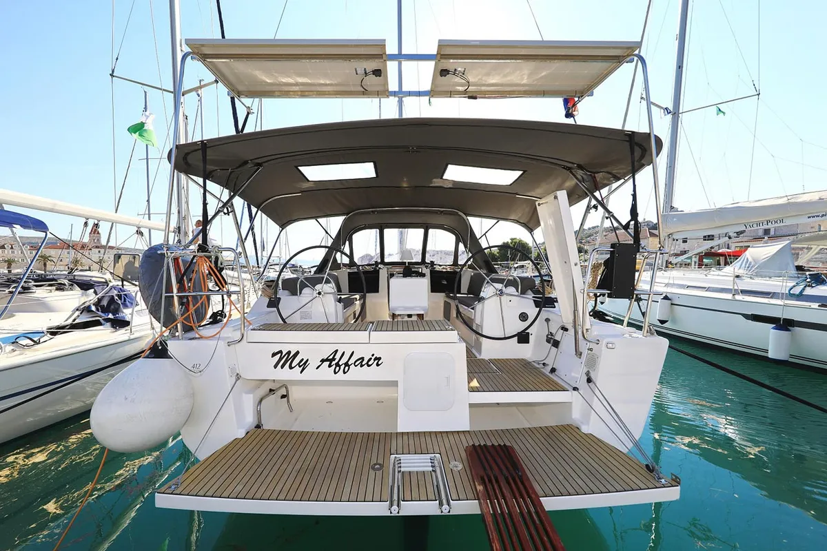 Cockpit of My Affair, a Dufour 412 GL sailboat at Grad Trogir, Croatia