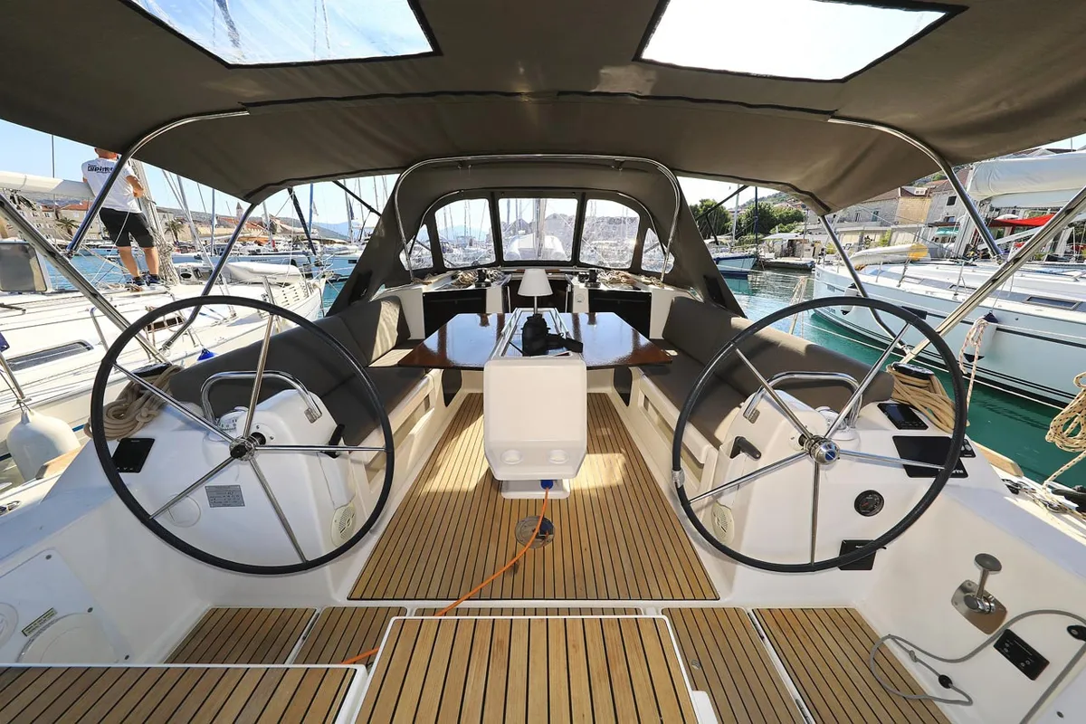 Cockpit of My Affair, a Dufour 412 GL sailboat at Grad Trogir, Croatia