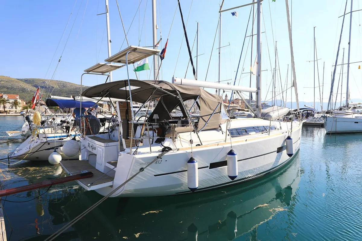 Exterior view of My Affair, a Dufour 412 GL sailboat at Grad Trogir, Croatia