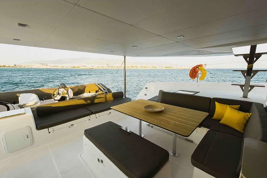 Deck of Barchetta VII, a Dufour Catamaran 48 catamaran at Preveza, Greece