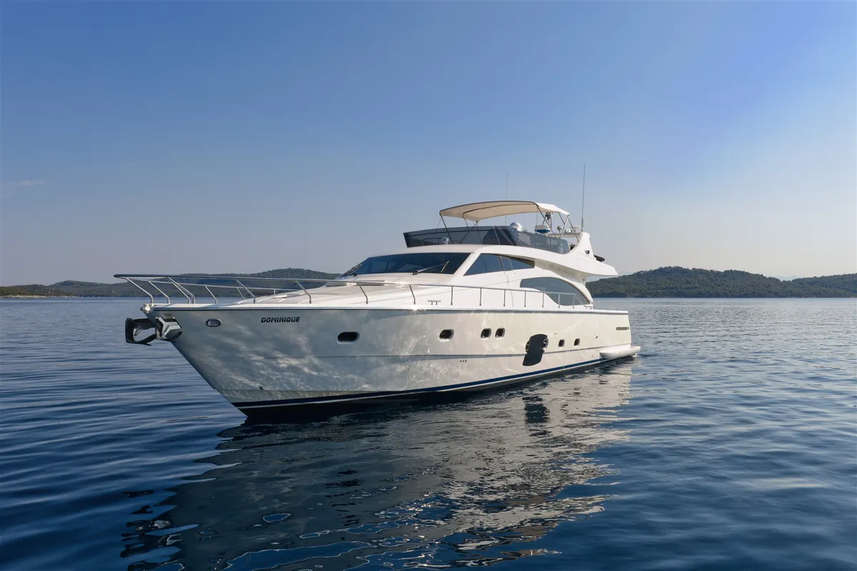 Exterior view of Dominique, a Ferretti 681 motor yacht at Zadar, Croatia