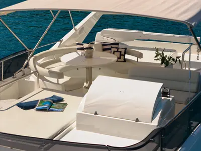 Deck of Dominique, a Ferretti 681 motor yacht at Zadar, Croatia
