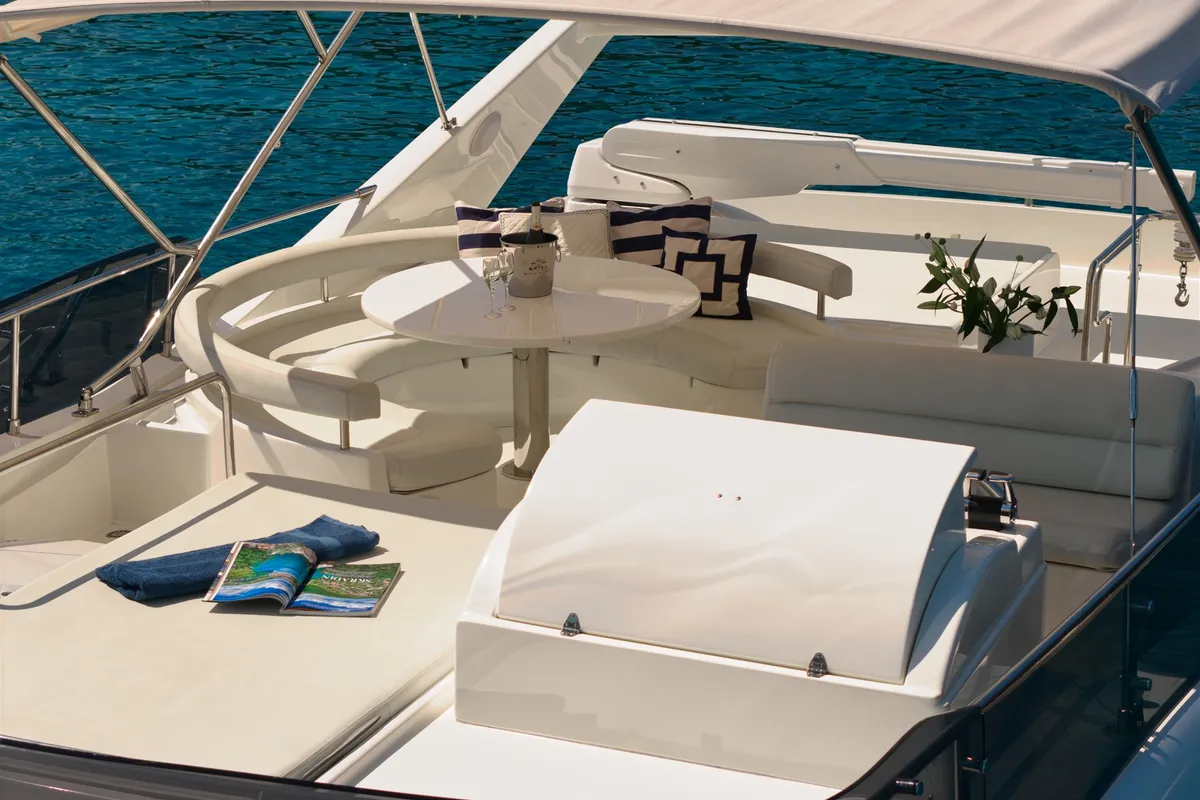 Deck of Dominique, a Ferretti 681 motor yacht at Zadar, Croatia