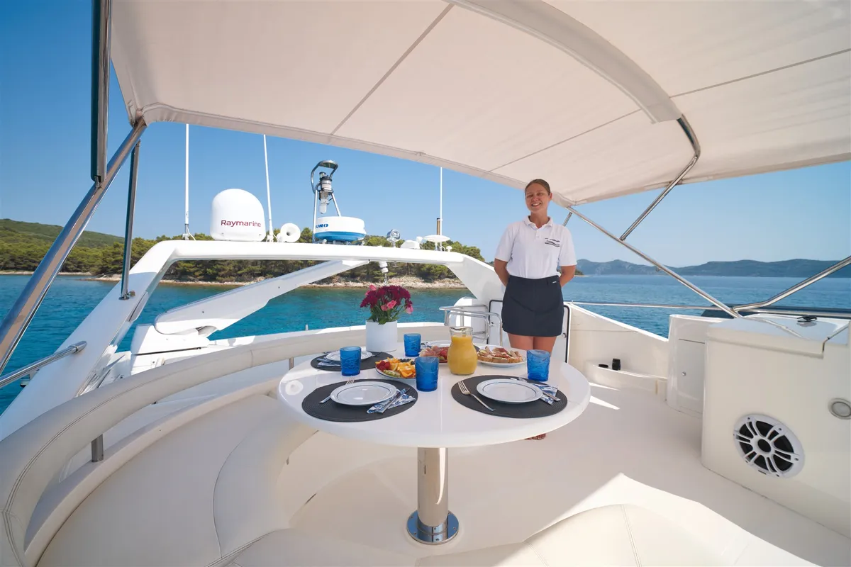 Deck of Dominique, a Ferretti 681 motor yacht at Zadar, Croatia