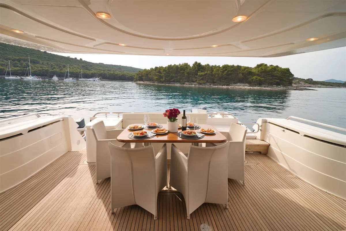 Deck of Dominique, a Ferretti 681 motor yacht at Zadar, Croatia