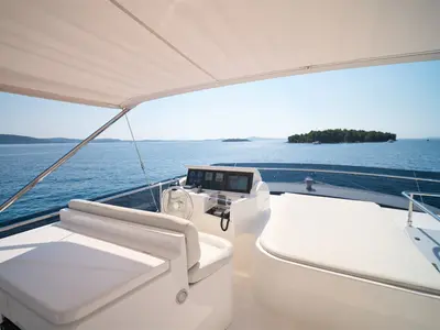 Cockpit of Dominique, a Ferretti 681 motor yacht at Zadar, Croatia