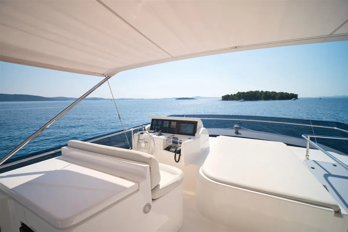 Cockpit of Dominique, a Ferretti 681 motor yacht at Zadar, Croatia