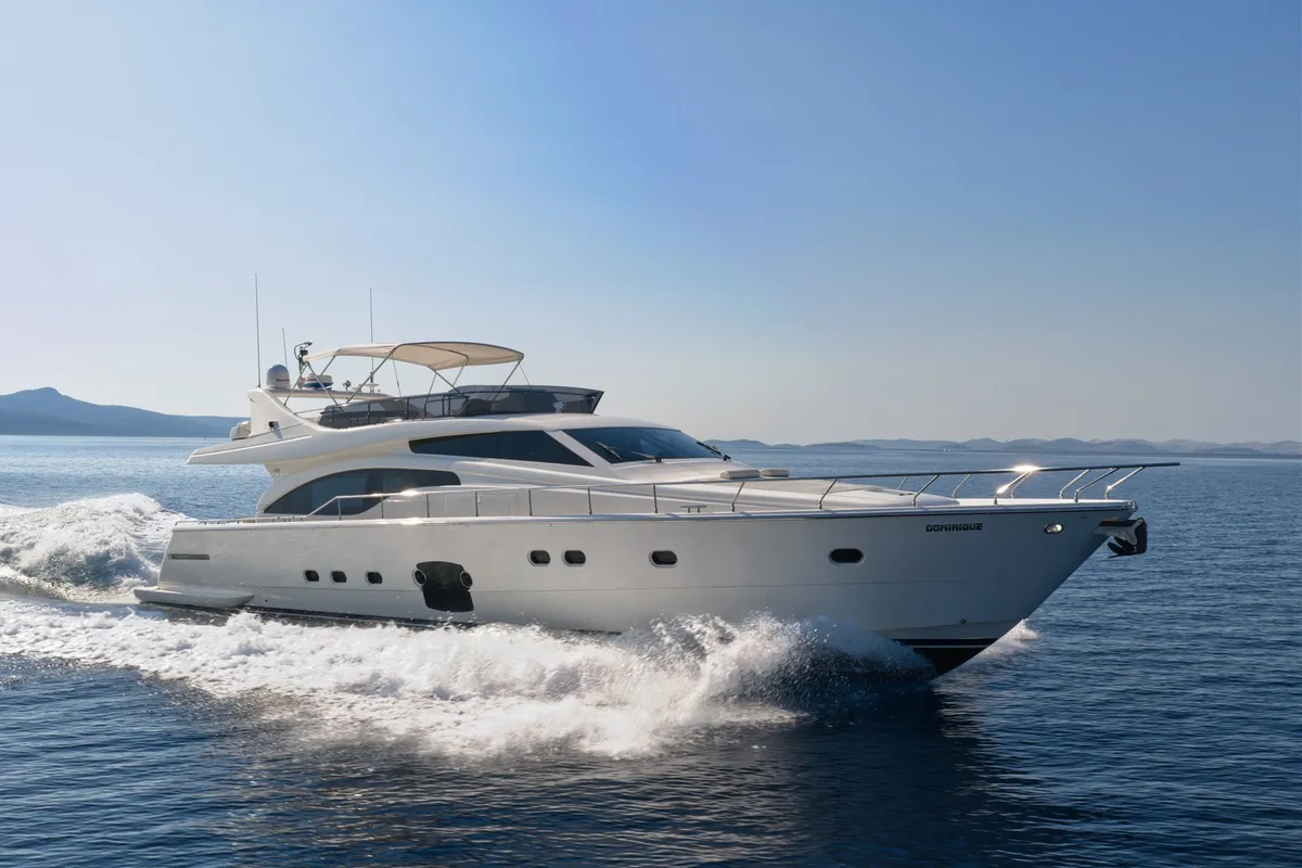 Exterior view of Dominique, a Ferretti 681 motor yacht at Zadar, Croatia