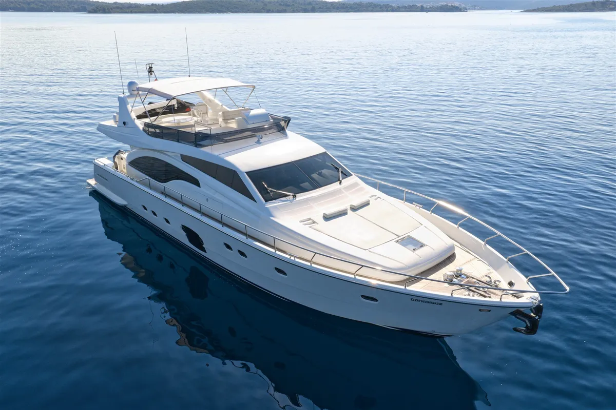 Exterior view of Dominique, a Ferretti 681 motor yacht at Zadar, Croatia