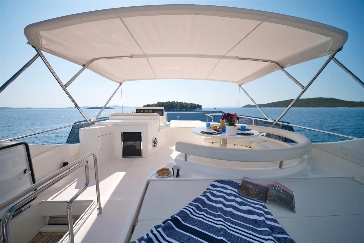 Deck of Dominique, a Ferretti 681 motor yacht at Zadar, Croatia