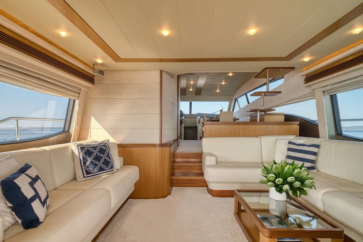 Salon of Dominique, a Ferretti 681 motor yacht at Zadar, Croatia