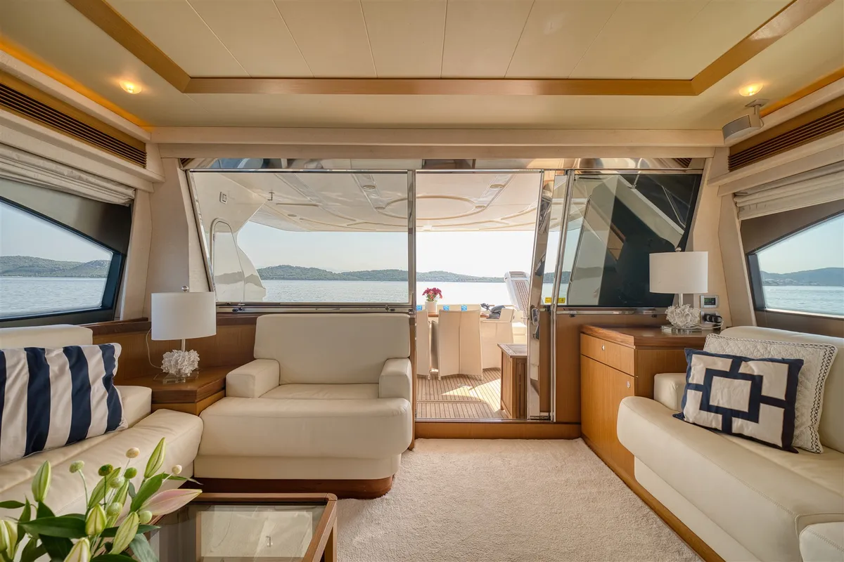 Salon of Dominique, a Ferretti 681 motor yacht at Zadar, Croatia