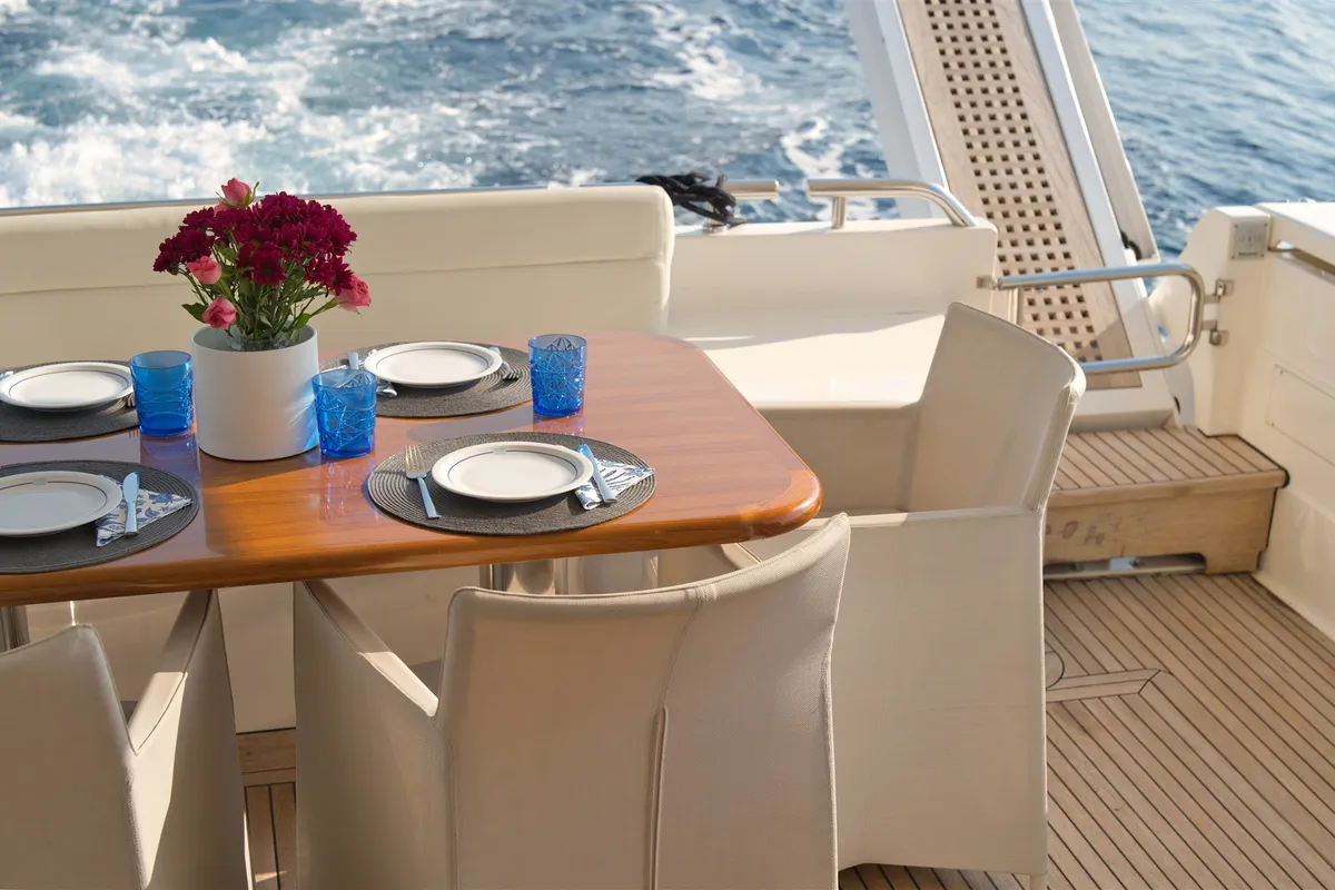 Deck of Dominique, a Ferretti 681 motor yacht at Zadar, Croatia