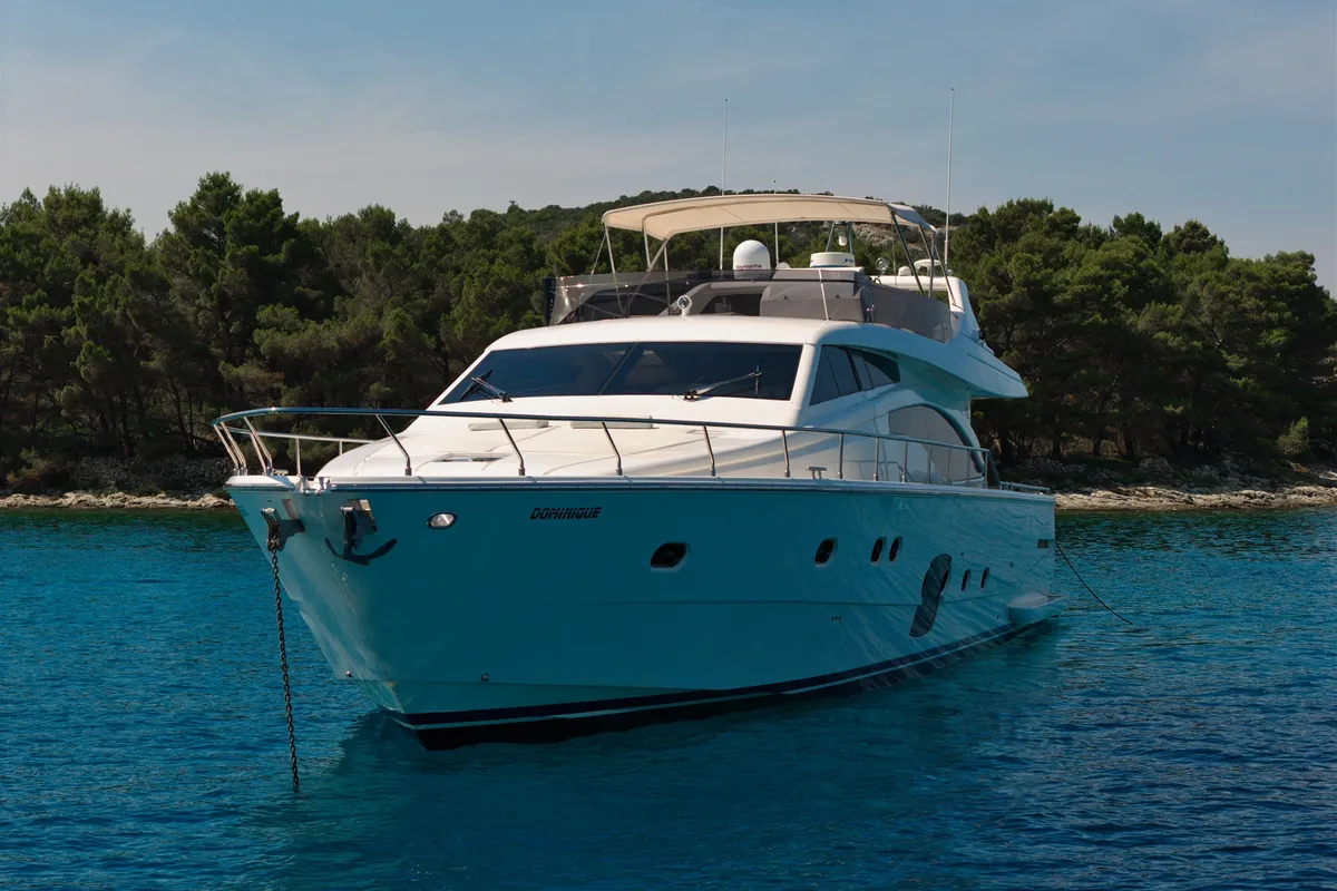 Exterior view of Dominique, a Ferretti 681 motor yacht at Zadar, Croatia