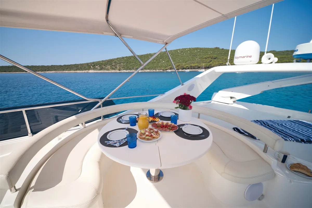 Deck of Dominique, a Ferretti 681 motor yacht at Zadar, Croatia