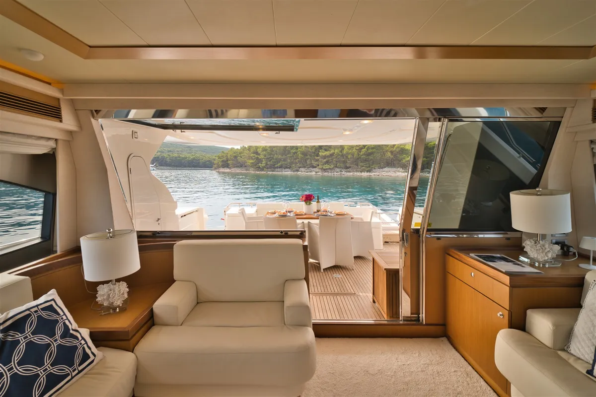 Salon of Dominique, a Ferretti 681 motor yacht at Zadar, Croatia