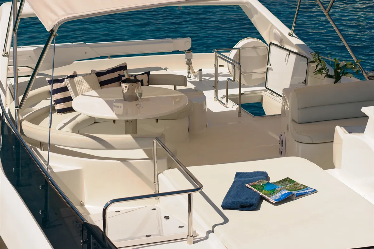 Deck of Dominique, a Ferretti 681 motor yacht at Zadar, Croatia